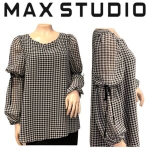 2/$30 Max Studio Gingham Black White Plaid Long Sleeve Ruffle Tie Sleeve Blouse